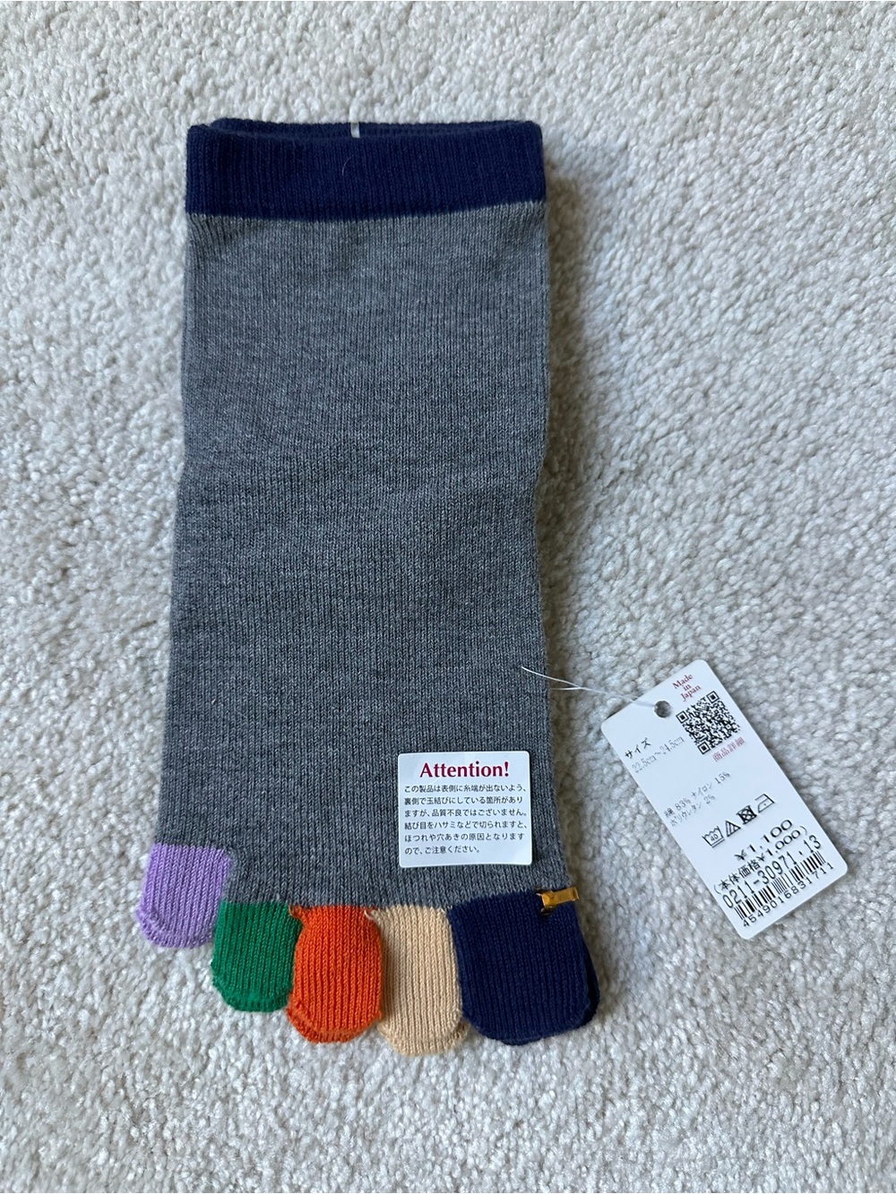 Japanese Gray Crew Socks with Navy Cuff and Multicolor Toes - Picture 2 of 2